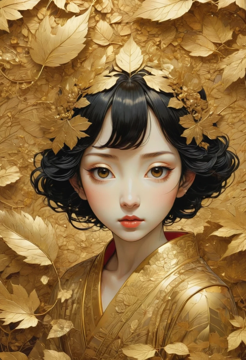 Gold Leaf Art, Gold Foil, best quality, masterpiece, very aesthetic, perfect composition, intricate details, ultra-detailed, by Satoshi Kon