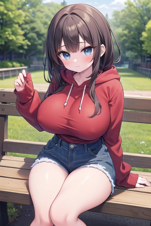 ((best quality)), ((masterpiece)), (detailed), (Solo), perfect face, perfect bone-structure, perfect musculature,
A Cute Girl, Long Dark-Brunette hair, Beautiful Blue eyes, wide hips, huge thighs, Extremely Enormous Breasts, and is very short. Wearing an old Red Hoodie, mildly torn Dark-Blue Jeans, and Red Sneakers. Sitting on a Wooden-Bench, in a City Park.