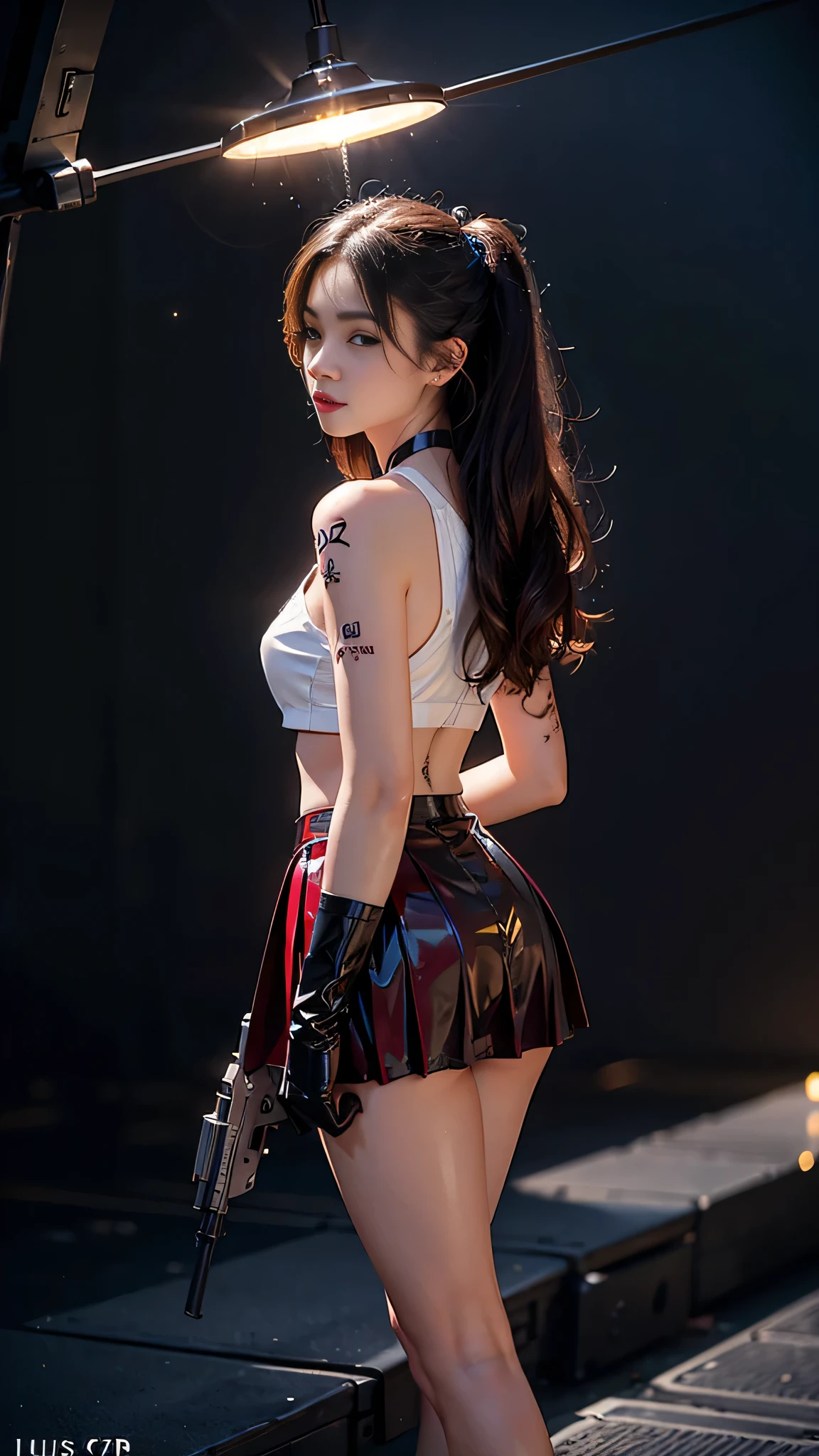 ((top-quality))、((masterpiece))、 (((独奏)))、(Very normal body)、1 milf、(Super beautiful)、(ultra beautiful faces)、(A detailed face:1.1)、(brown haired)、Rock star、spreads her legs、(Heavy Metal Costume)、(Cool jackets and miniskirts:1.1)、(Small white panties are visible from under the skirt:1.2)、Clear pubic contours、The pubic area is transparent、Enamel High Heel Boots、red-lips、garterbelts、(Concert stage)、(Summer Sonic)、At SFW