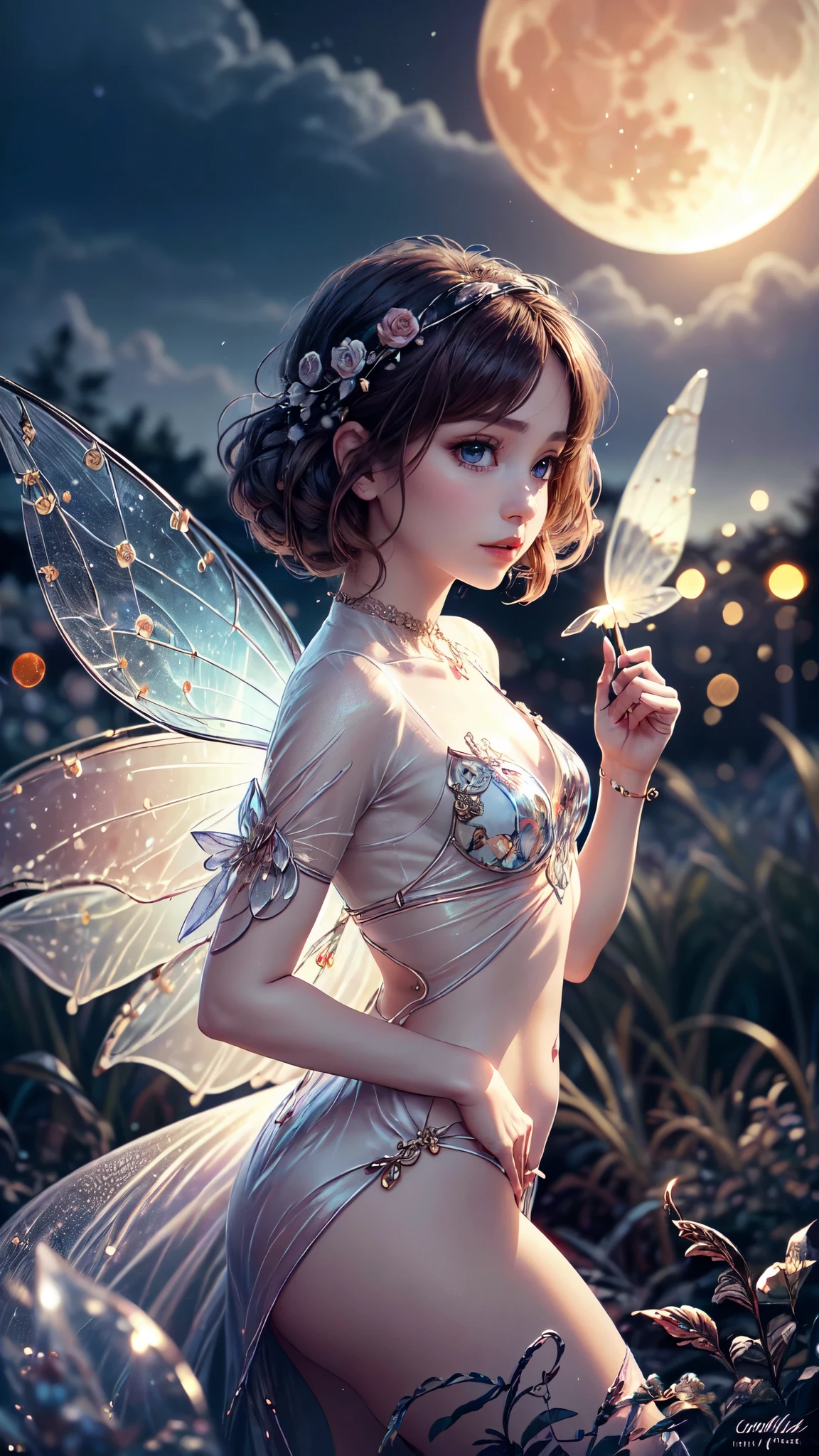 1 moon，Beautiful transparent flower fairy baby, detailed face, detailed eyes, detailed hands, Transparent colorful wings, The wand flutters in the wind､The wand flashed with starlight，Golden wand，Beautiful blue sky and white clouds、Girls have transparent wings､kindly smile､Beautiful garden background､Gentle and transparent，anatomy correct, Delicate pattern，Pink rose space, Soft lighting, ( Bokeh)，Masterpiece, Super detailed, Epic composition, Highest quality, 8K，Epic romantic fantasy digital art，Epic fairy tale fantasy digital art，Mythological fantasy，UHD resolution，Detailed detail drawing，realisticlying，Very realistic，cinmatic lighting,an award winning photograph,rich colours，hyper realistic lifelike texture，dramatic lighting