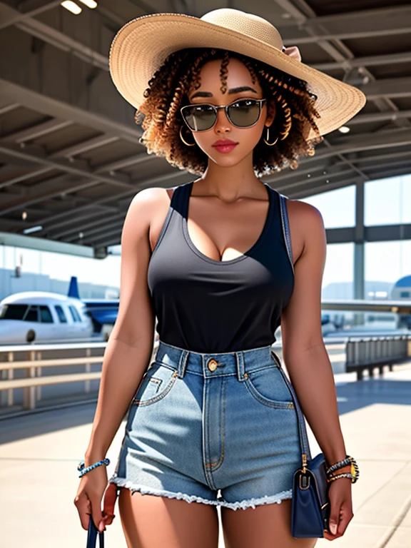 Realistic photo of a beautiful black woman, 1girl, solo, breasts, looking at viewer, short hair, dark hair, dark skin, shirt, hat, holding, cleavage, jewelry, medium breasts, standing, outdoors, shorts, sleeveless, bag, blurry, bracelet, lips, at the airport, full image, sunglasses, denim, handbag, realistic, afro, high-waist shorts, soft lighting, professional Photography, Photorealistic, detailed, RAW, analog, sharp focus, 8k, HD, high quality, masterpiece