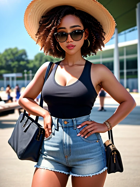 Realistic photo of a beautiful black woman, 1girl, solo, breasts, looking at viewer, short hair, dark hair, dark skin, shirt, hat, holding, cleavage, jewelry, medium breasts, standing, outdoors, shorts, sleeveless, bag, blurry, bracelet, lips, at the airport, full image, sunglasses, denim, handbag, realistic, afro, high-waist shorts, soft lighting, professional Photography, Photorealistic, detailed, RAW, analog, sharp focus, 8k, HD, high quality, masterpiece