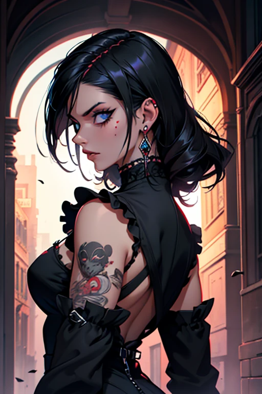 una mujer con cabello negro largo y vistiendo una falda corta negra, ojos azules, arte zombie, gothic art, nice aesthetic with vibe, cartoon aesthetic, vistiendo traje rojo, wearing gothic accessories, parecerse a cassie hack, backward, Mirando backward, retrato
