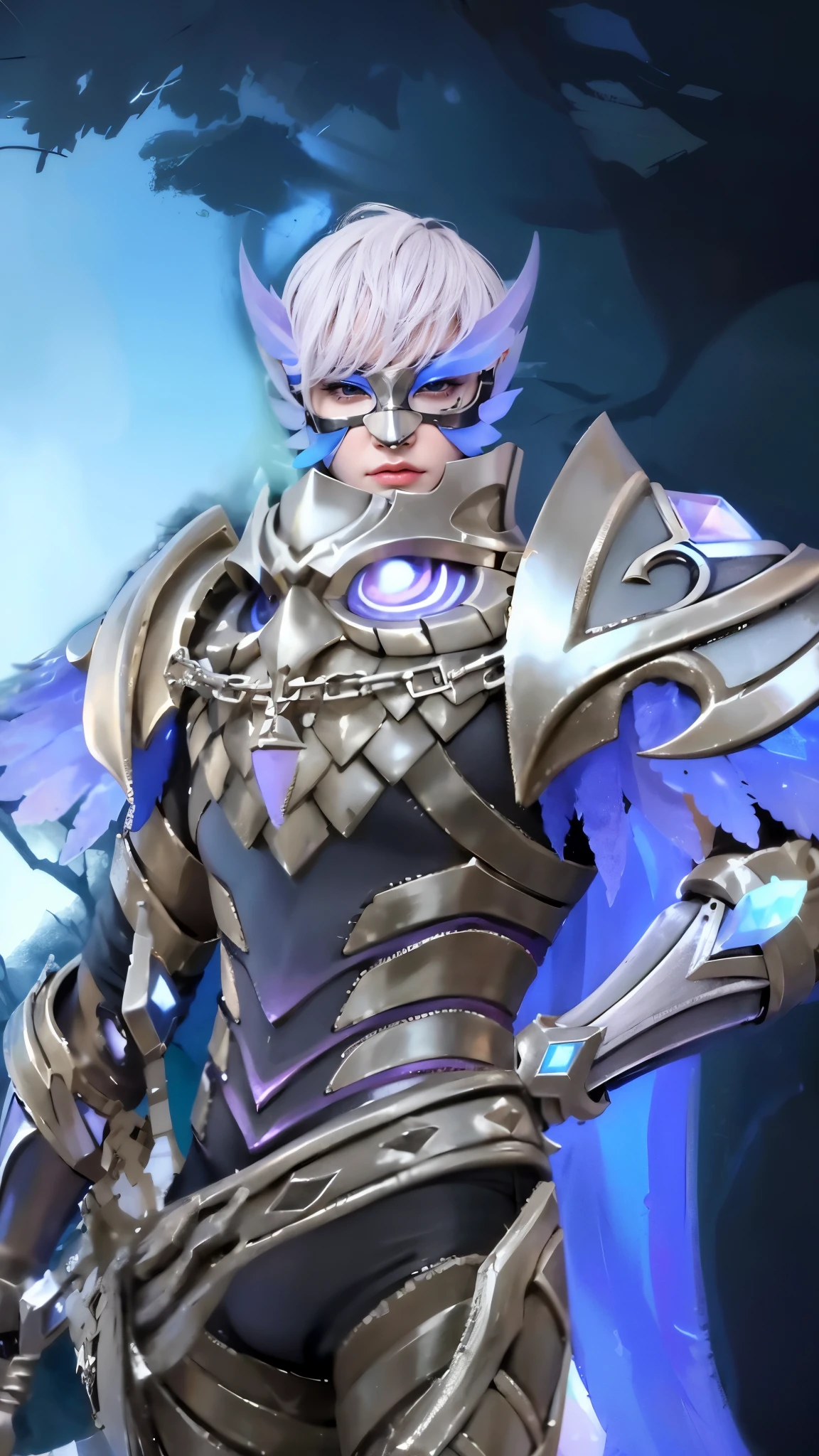 a close up of a boy in a costume with a mask, sliver ice color reflected armor, shinning armor, ice crystal armor, ice lord, grimdark paladin, wearing thunder armor, crystalline skin, wearing diamond armor, clothed in ethereal armor, ice mage, warrior platinum armor, mystical atlantean valkyrie, 8k, ultra hd, ultra detailed texture, hyper realistic, masterpiece, detailed texture, detailed face, detailed skin, detailed lighting, (photorealistic:1.5), best quality, beautiful lighting, cinematic lighting, professional lighting, ultra highres, realistic, detailed hair, real hair, high quality, (realskin:1.5), extremely detailed, finely detail, ultra-detailed