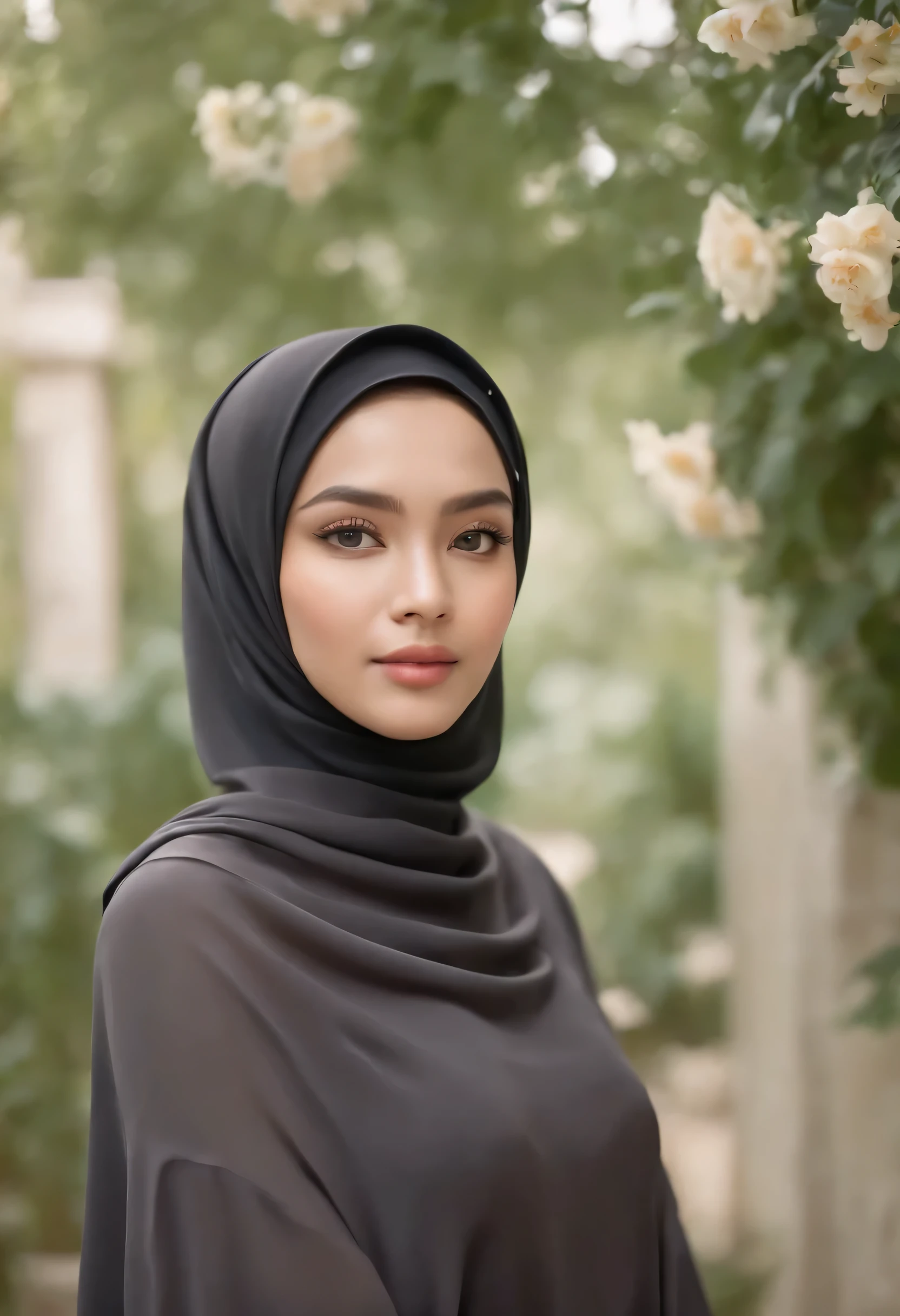 (a beautiful 20-year-old indonesian woman wearing a hijab, confident expression, bright eyes), in flower garden, loght bright, satin abaya, satin, hijab face portrait, neutral background, 8k uhd, dslr, soft lighting, high quality, film grain, Fujifilm XT3, covered dress, decent dress, big tits:1.5,cheerful facial expression. background of a minimalist house in a very cool forest, super 8K.
