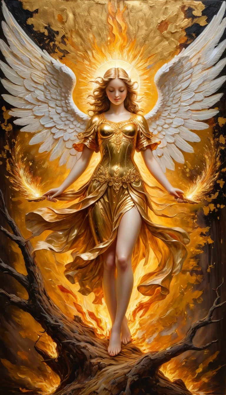 (oil painting on wood), (gold art:1.2), (GOLD FLAKING TECHNIQUE), Guardian angel and the divine flame, amazing and impactful image, very detailed and impeccable, 4K definition, small tree texture visible from under the paint, two-dimension painting, 