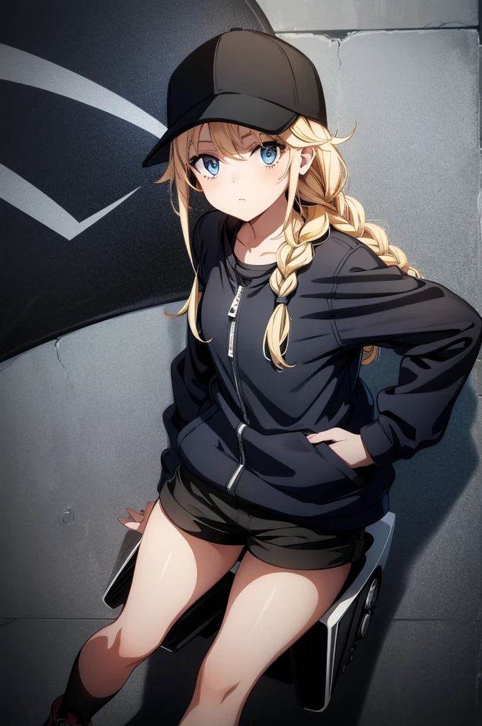 (((grayscale)))(masterpiece:1.2, best quality), (graffiti wall:1.15), 1lady, beanie, jacket, Leggings, blue eyes, fullbody,1 girl, the cartoon female is depicted to be in black clothes with a jacket, 1girl, solo, black bodysuit, braid, blue eyes, hat, blonde hair, long hair, breasts, open clothes, bodysuit, jacket, black headwear, looking at viewer, long sleeves, open jacket, white jacket, holding, twin braids,Eiko Tsukimi, blue eyes, braid, twin braid,(((blonde hair))),baseball cap