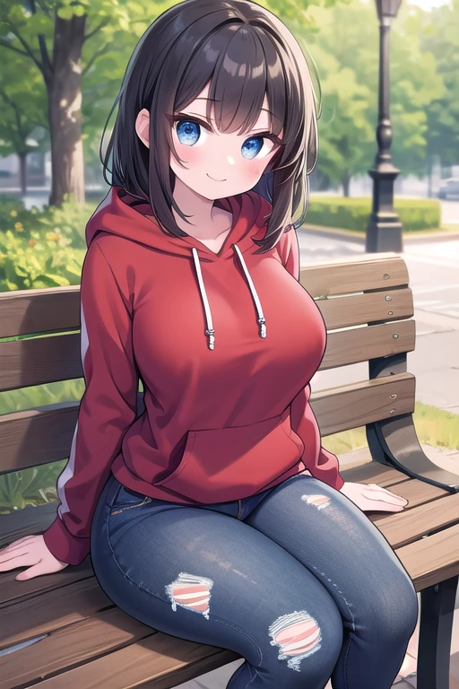 ((best quality)), ((masterpiece)), (detailed), (Solo), perfect face, perfect bone-structure, perfect musculature, perfect hands,
A Cute Girl, Long Dark-Brunette hair, Beautiful Blue eyes, super wide hips, ultra massive thighs, Extremely Enormously Breasted, and is very short. Wearing an old Red Hoodie, mildly torn tightening Dark-Blue Jeans, and Red Sneakers. Sitting on a Wooden-Bench, in a City Park. With a cute tiny smile. (Super Huge, Extremely Overloaded, Massively Oversized, Extremely Over-Exaggerated, Incredibly Enormously Ginormous Boobs),