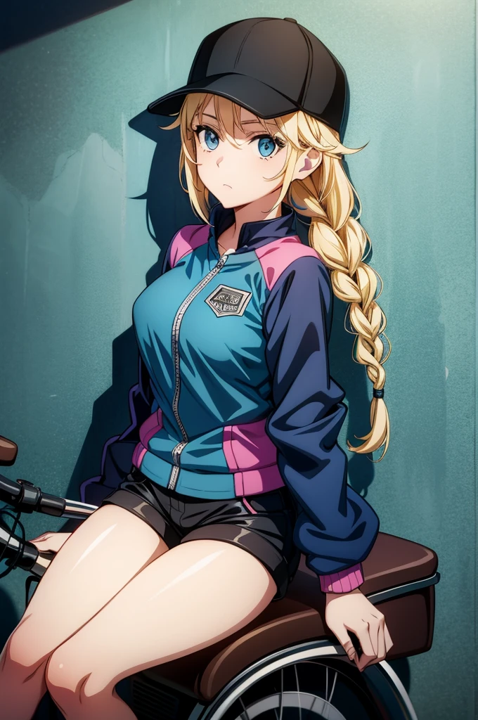a woman on the back of an old bike sitting on it against a wall, 1girl, shorts, ground vehicle, solo, motor vehicle, long hair, baseball cap, blonde hair, hat, blue eyes, braid, motorcycle, jacket, outdoors, looking at viewer, short shorts