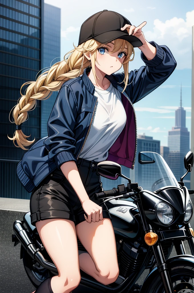 a woman dressed in shorts and a hat posing on a motorcycle on top of a building, 1girl, shorts, solo, blonde hair, ground vehicle, long hair, braid, hat, motorcycle, motor vehicle, baseball cap, blue eyes, shirt, jacket, black headwear, shoes, black shorts, looking at viewer, white shirt, sneakers, open clothes