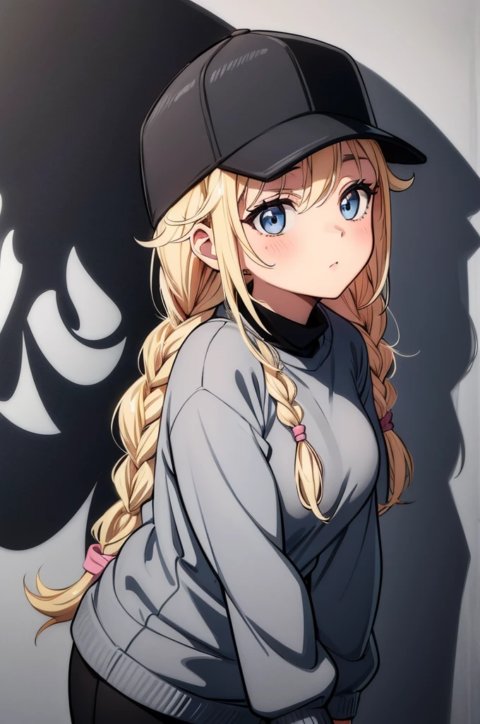 (((grayscale)))(masterpiece:1.2, best quality), (graffiti wall:1.15),a cartoon girl leaning against a wall wearing a pink sweater and hat, 1girl, solo, braid, ???????, blue eyes, twin braids, blonde hair, hat, long hair, sweater, black headwear, long sleeves, baseball cap, blush