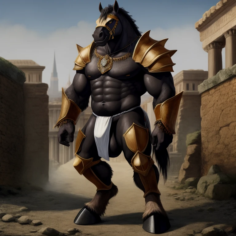 Furry, Antro, [Horse color dark Black metal] , [Fundoshi Bulto Male Big], [Fundoshi White], Solo, [Bulto Male Big], Big Balls, Hooves , Detallado, cuerpo completo, body furry Brown dark, Fondo Ciudad Romano, pupil Eyes, Alta resolucion, Armor Lance, 