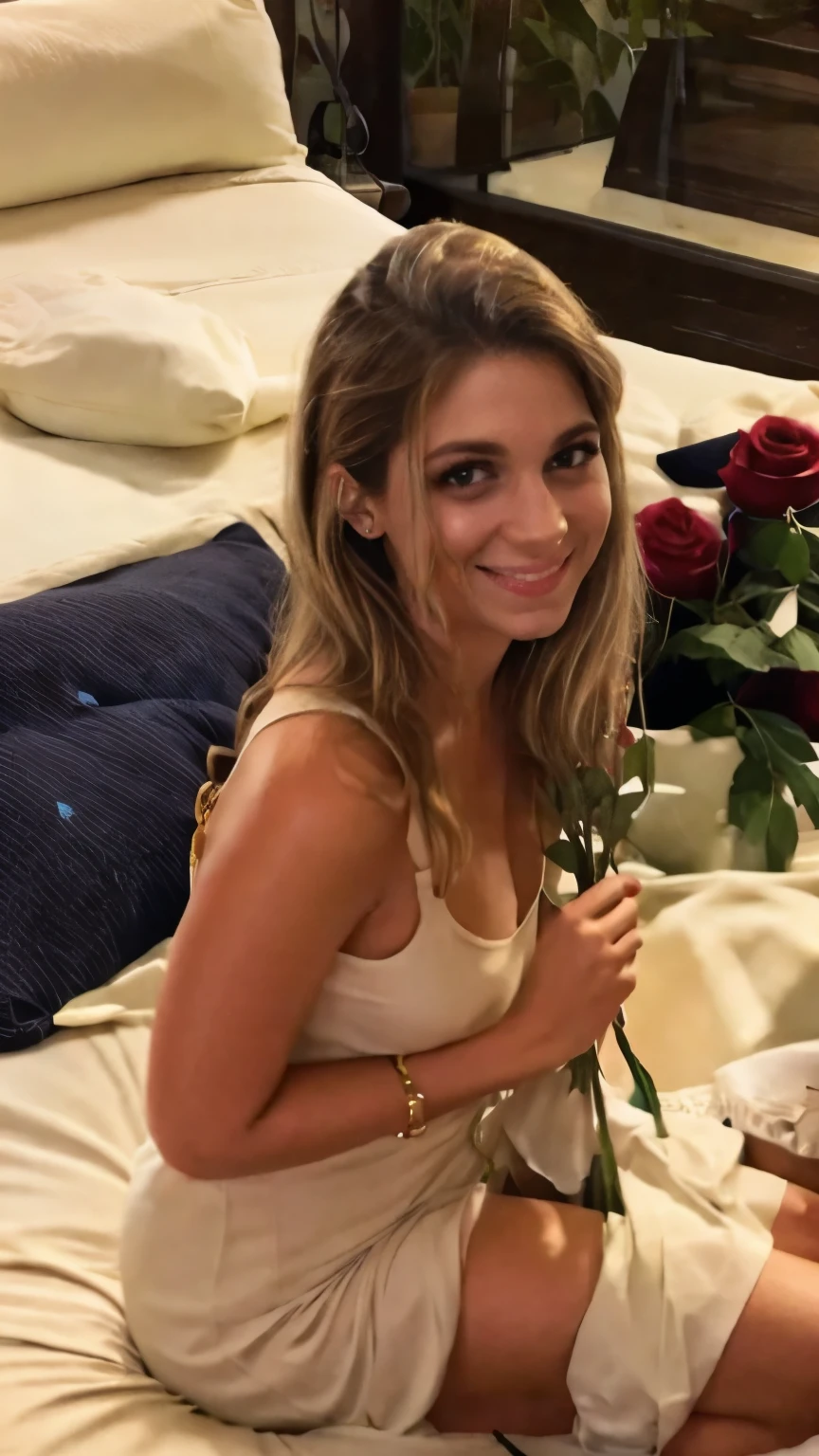 Beautiful blond girl with brown eyes and long hair in very sexy black underwear lying on a bed with rose petals night daring photo shoot top quality masterpiece 8k super detailed beautiful hands