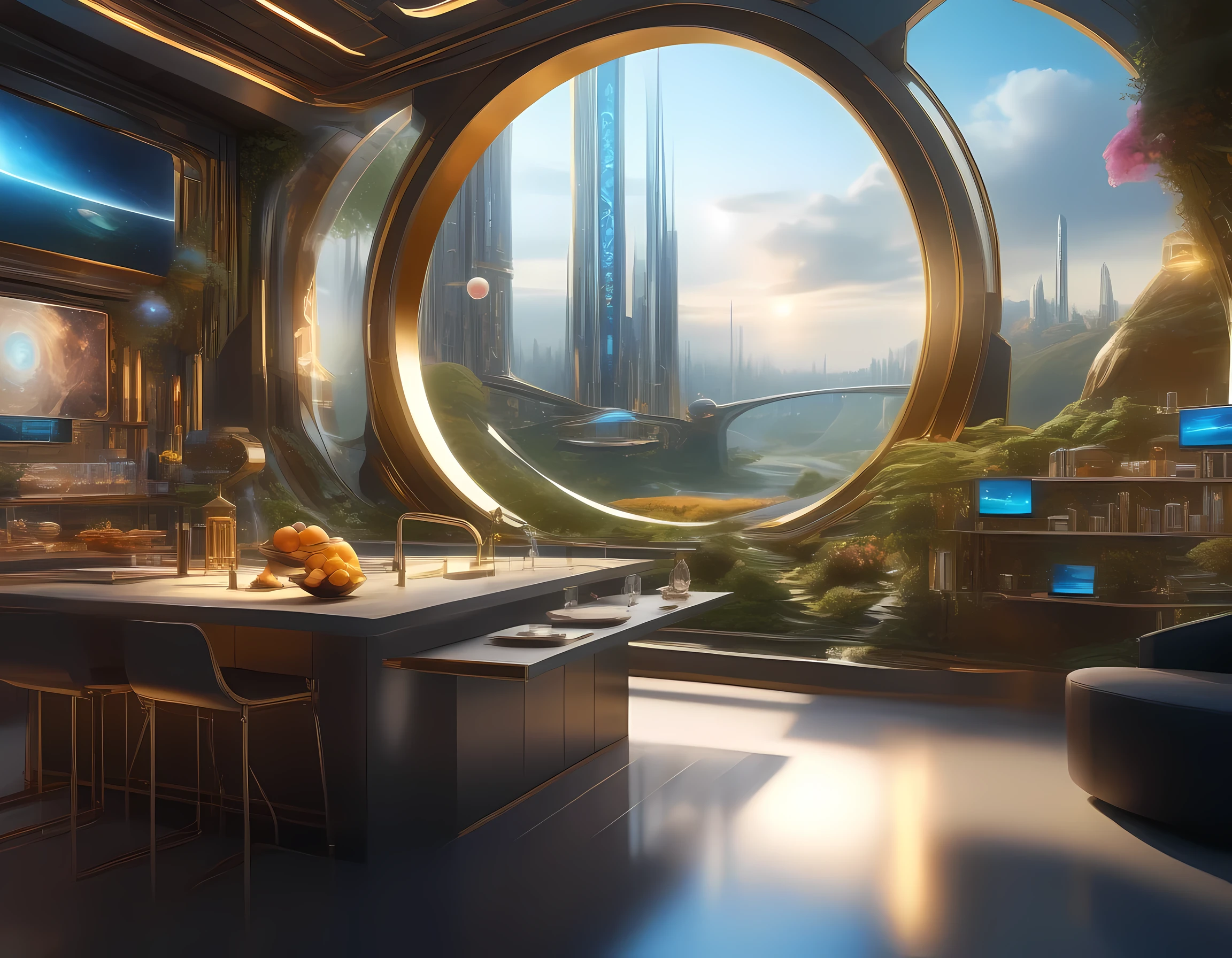 ((landscape)), (((science fiction))), reception of an enterprise, sophisticated hologram, graceful light, confortable room, amenity, clean, advanced technology, near future, future city, IT taste, AI girl, progress, utopia, small magic, 32k, ((masterpiece, best quality, ultra-detailed, an extremely delicate and beautiful)), ((extremely detailed CG unity 8k wallpaper)), ((award winning, ccurate, UHD, textured skin, chromatic aberration, perfect anatomy, golden ratio)), (concept art), (exquisite attention to detail), ((perfect_composition, perfect_design, perfect_layout, perfect_detail, ultra_detailed)), ((aesthetic harmony))