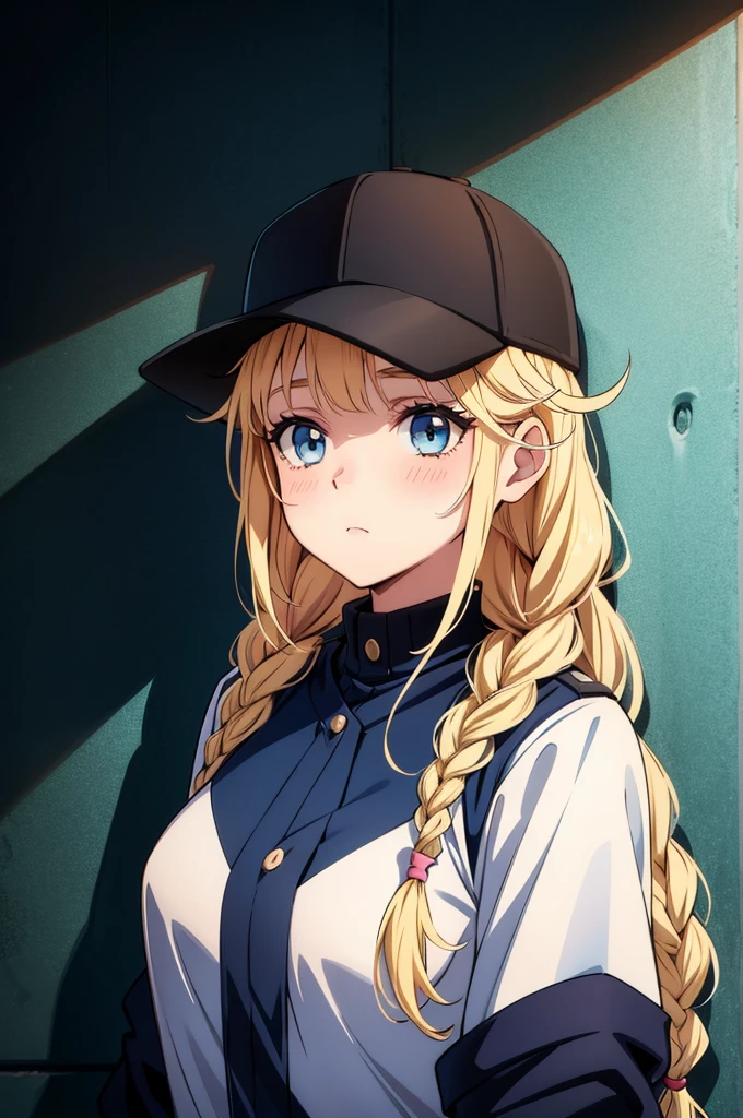 a cartoon woman with blonde hair and a baseball cap next to a wall, 1girl, solo, hat, braid, blue eyes, twin braids, blonde hair, blush, long hair, breasts, bangs, upper body, baseball cap, black headwear