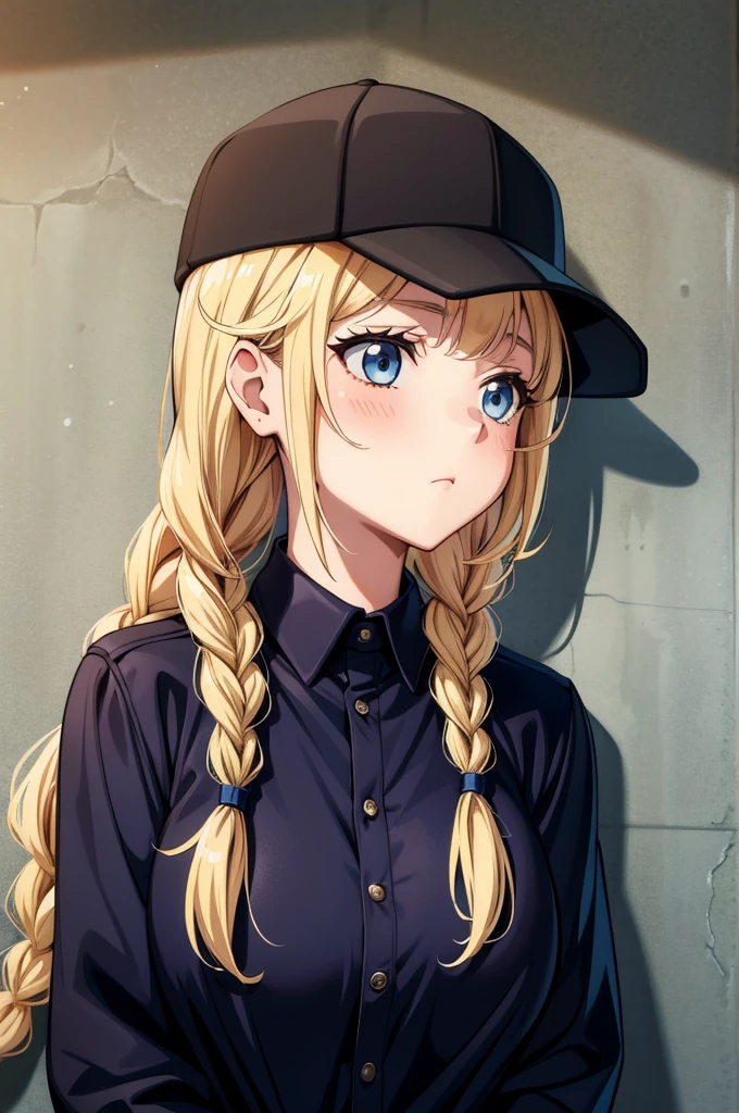 a cartoon woman with blonde hair and a baseball cap next to a wall, 1girl, solo, hat, braid, blue eyes, twin braids, blonde hair, blush, long hair, breasts, bangs, upper body, baseball cap, black headwear