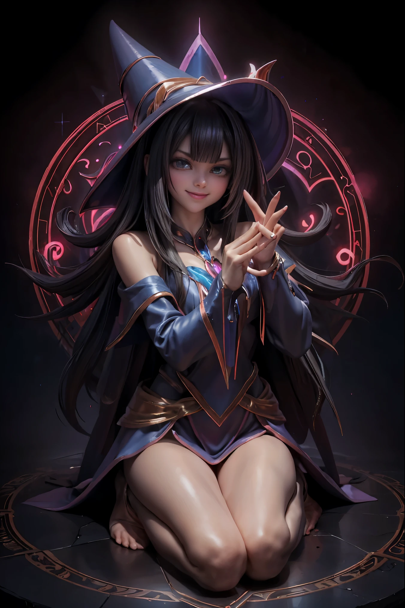 Dark magician gils en el aire, she comes out of a magic circle of the heart. Magic hearts background. Sonrisa en sus labios. Ojos celestes. Cabello dorado. Pose sensual. Levitando en una pie. Tiene tacones.  Usa tacones azules y dorados 