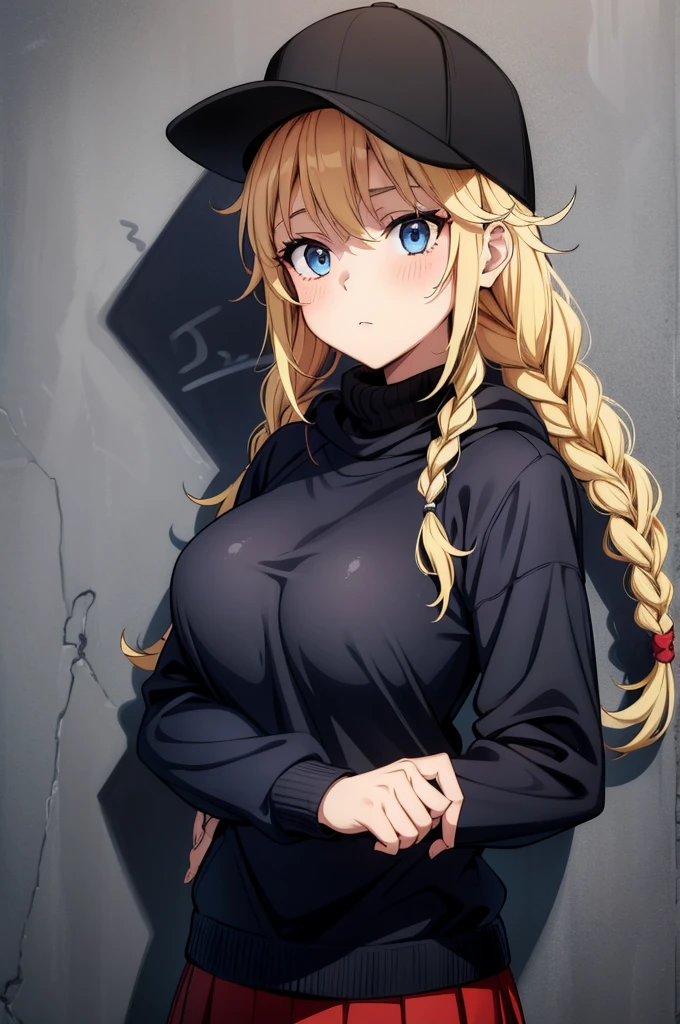 (((grayscale)))(masterpiece:1.2, best quality), (graffiti wall:1.15),an anime style woman wearing a hat with a red hoodie and a skirt, 1girl, solo, braid, breasts, blonde hair, twin braids, red sweater, hat, long hair, blue eyes, sweater, large breasts, blush, black headwear, long sleeves, petals, turtleneck, baseball cap,Eiko Tsukimi, blue eyes, braid, twin braid,blonde hair,baseball cap