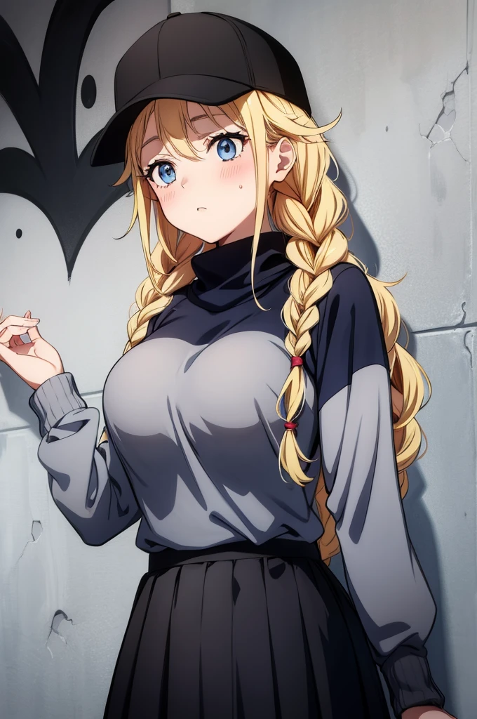 (((grayscale)))(masterpiece:1.2, best quality), (graffiti wall:1.15),an anime style woman wearing a hat with a red hoodie and a skirt, 1girl, solo, braid, breasts, blonde hair, twin braids, red sweater, hat, long hair, blue eyes, sweater, large breasts, blush, black headwear, long sleeves, petals, turtleneck, baseball cap,Eiko Tsukimi, blue eyes, braid, twin braid,blonde hair,baseball cap