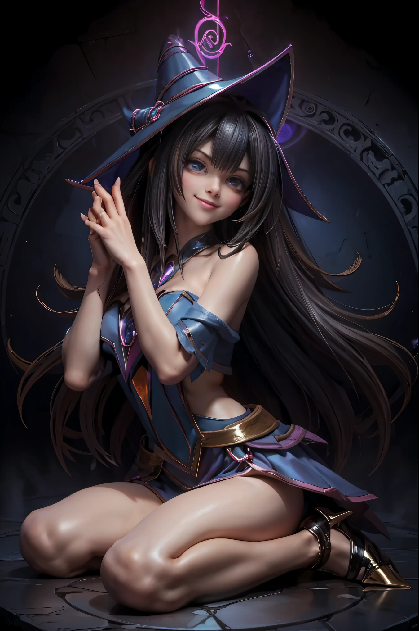 Dark magician gils en el aire, she comes out of a magic circle of the heart. Magic hearts background. Sonrisa en sus labios. Ojos celestes. Cabello dorado. Pose sensual. Levitando en una pie. Tiene tacones.  Usa tacones azules y dorados 