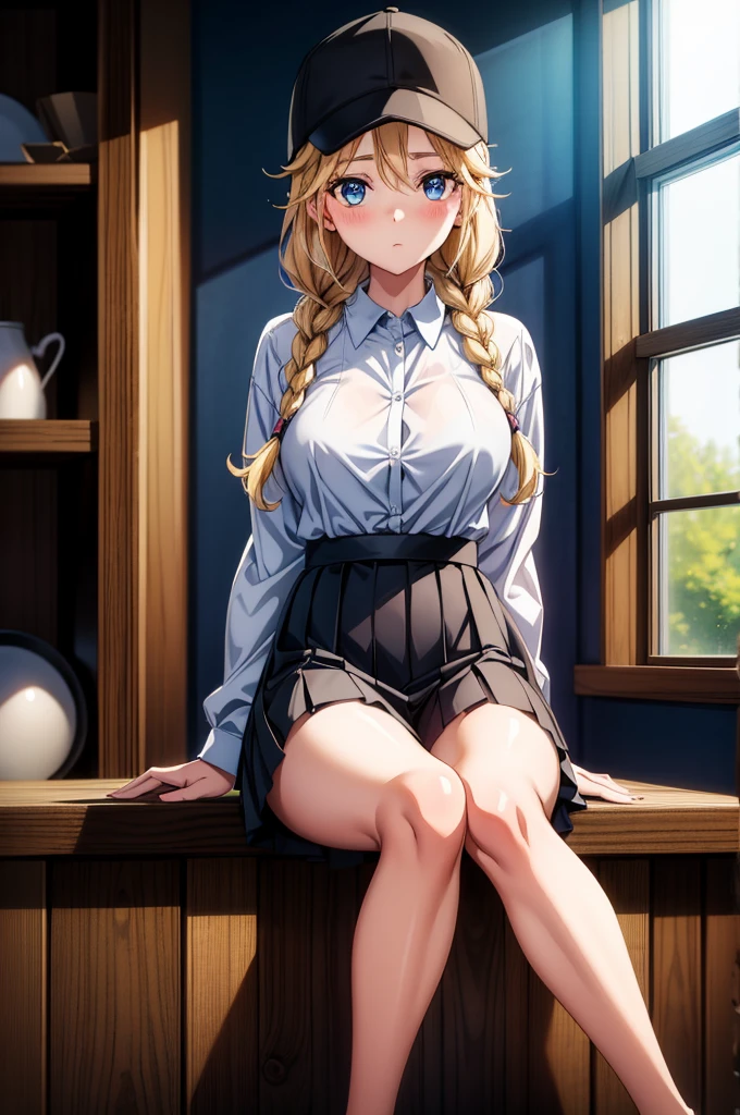 a pretty women with a hat on sitting on a shelf near a window, 1girl, solo, blonde hair, breasts, hat, braid, twin braids, blue eyes, skirt, black headwear, pantyhose, looking at viewer, long hair, blush, black skirt, shirt tucked in, sitting, shirt, baseball cap