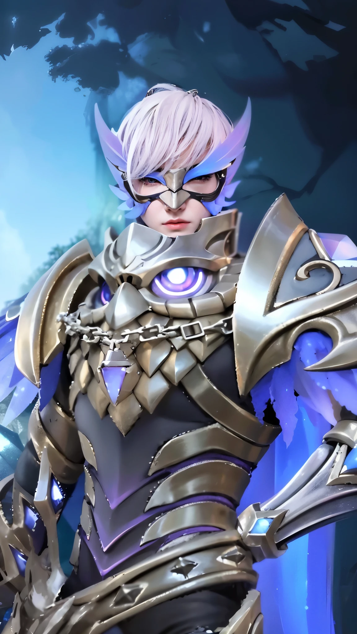 a close up of a boy in a costume with a mask, sliver ice color reflected armor, shinning armor, ice crystal armor, ice lord, grimdark paladin, wearing thunder armor, crystalline skin, wearing diamond armor, clothed in ethereal armor, ice mage, warrior platinum armor, mystical atlantean valkyrie, 8k, ultra hd, ultra detailed texture, hyper realistic, masterpiece, detailed texture, detailed face, detailed skin, detailed lighting, (photorealistic:1.5), best quality, beautiful lighting, cinematic lighting, professional lighting, ultra highres, realistic, detailed hair, real hair, high quality, (realskin:1.5), extremely detailed, finely detail, ultra-detailed