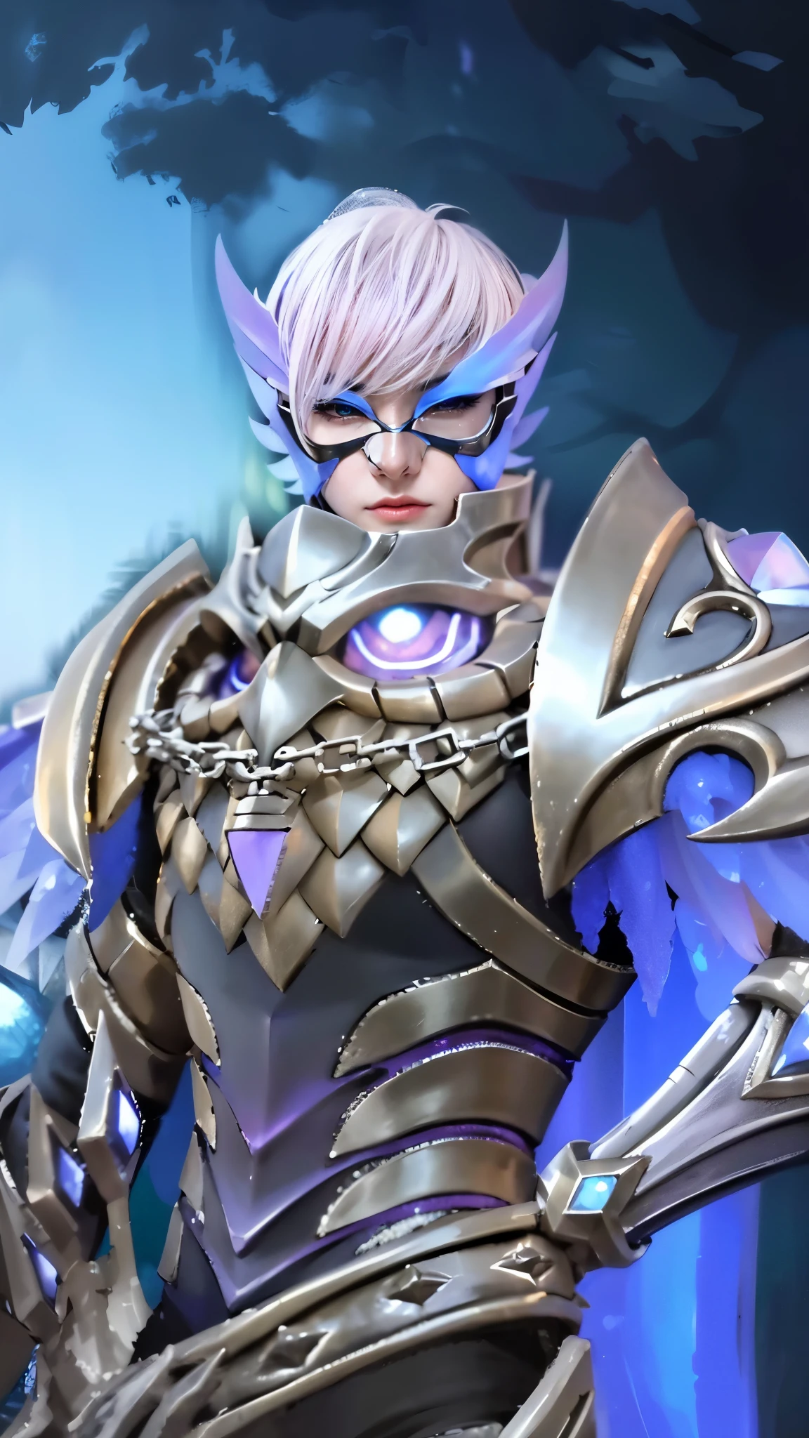 a close up of a boy in a costume with a mask, sliver ice color reflected armor, shinning armor, ice crystal armor, ice lord, grimdark paladin, wearing thunder armor, crystalline skin, wearing diamond armor, clothed in ethereal armor, ice mage, warrior platinum armor, mystical atlantean valkyrie, 8k, ultra hd, ultra detailed texture, hyper realistic, masterpiece, detailed texture, detailed face, detailed skin, detailed lighting, (photorealistic:1.5), best quality, beautiful lighting, cinematic lighting, professional lighting, ultra highres, realistic, detailed hair, real hair, high quality, (realskin:1.5), extremely detailed, finely detail, ultra-detailed