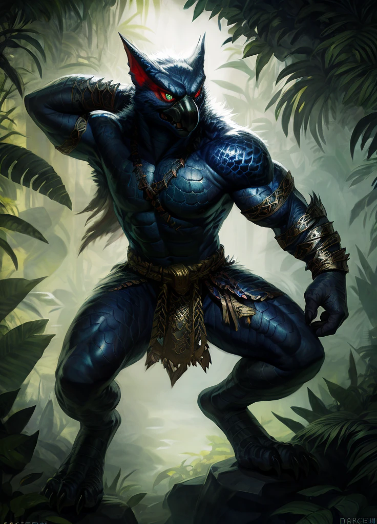 ((Solo)), thin, male, anthro, nargacuga, male, dark ambience, by darkgem, looking at viewer, barbarian outfit, (pecs, abs:0.4), jungle, angry, detailed eyes, fierce, slit pupils, breath cloud, digitigrade feet, extremely detailed scales, rough scales, 