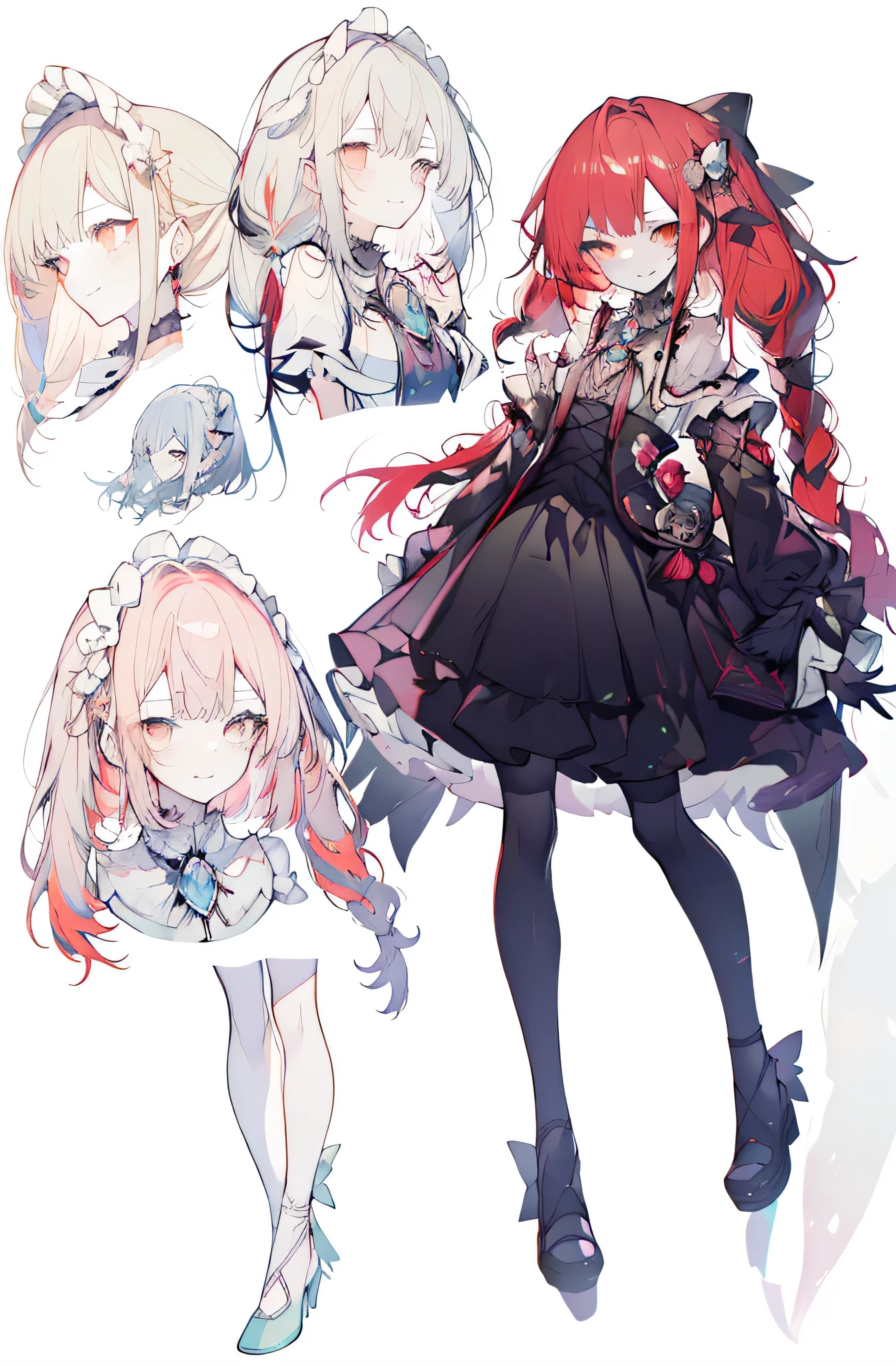 full body esbian，frontage，side，behind，sett，lolita prostitute，so gorgeouaximalism，extreme details，Rococo style，super long hair，intricate accessories，Complex hairstyles，gem,((red hair)),evil smile,