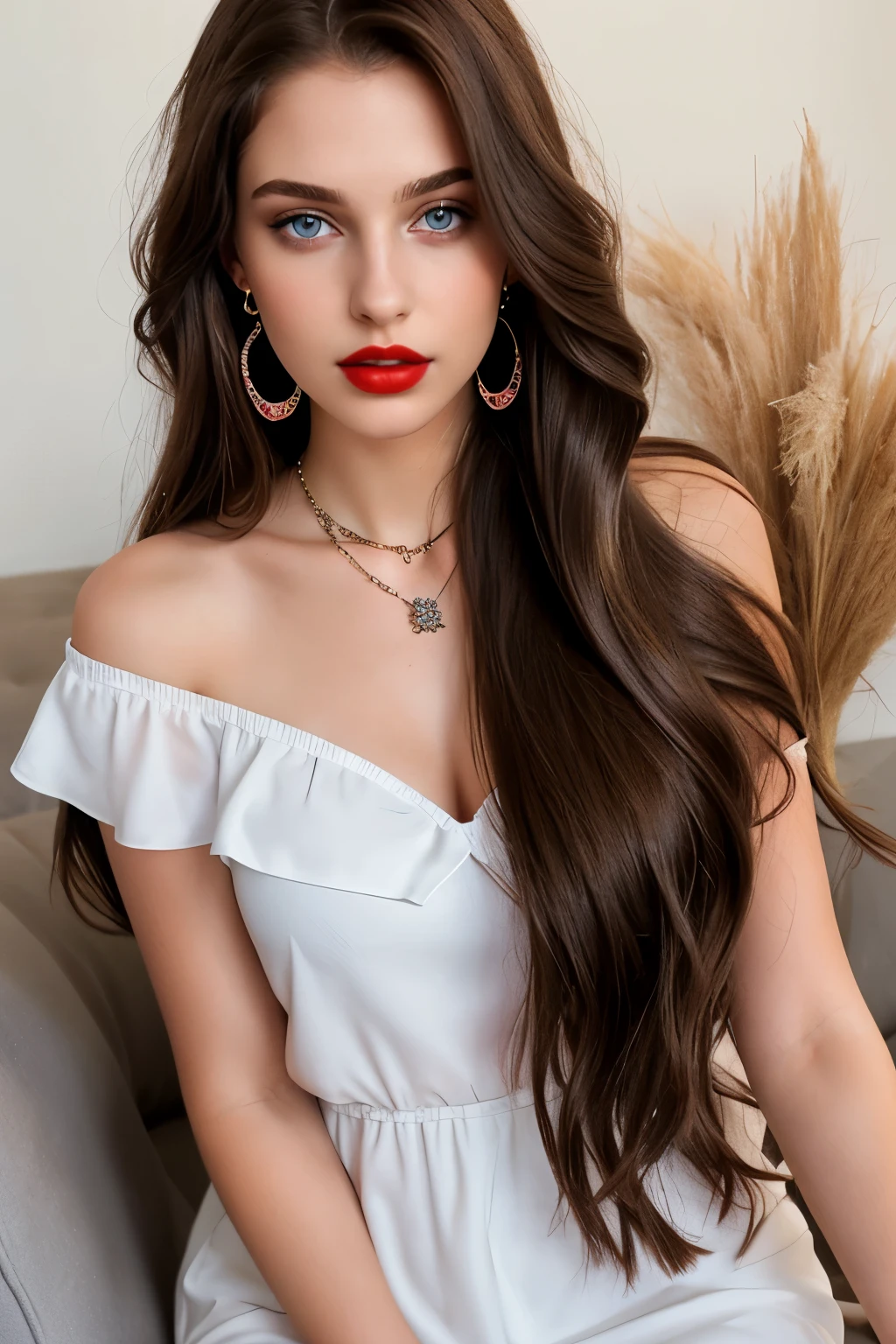 1 girl in, age 18, Solo, Model, Long hair, Colossal , 
looks at the viewer, 
brunette hair, Bare shoulders, Brown eyes, jewelry, red lips, 
big lips,Full body, a necklace, earrings, off shoulder,  Realistic, AI sexy