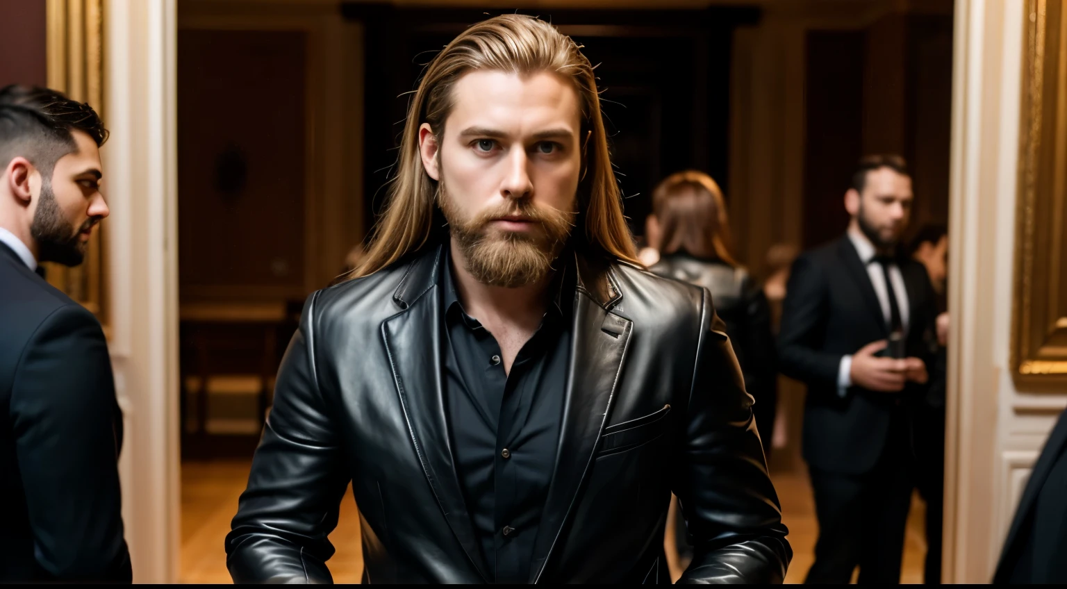 A man in a black leather suit with long golden hair and a short beard with a nervous face at the party
