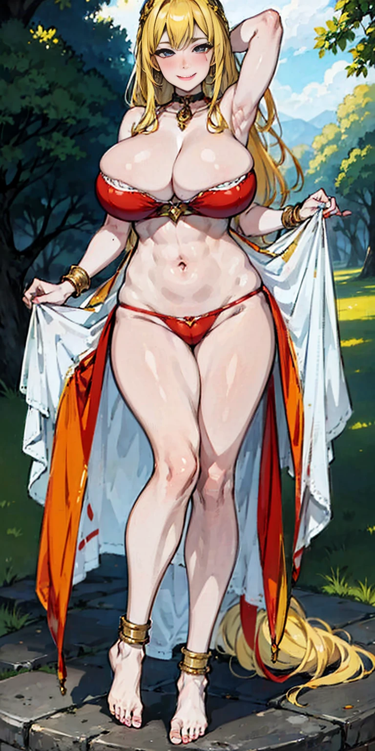 A mature juicy MILF BIMBO STANDING SYMMETRICAL pose on 2 legs foot focus anklets on knees, BAREFOOTED toes clenched foot soles, 1个Giant Breast Girl, The beautiful, perfect litthing, musculous, upper legs, a matural female, A MILF, navel, abs six packed strong, looking at the viewer, goddess, lustful smirking smile face red blushed, The chest is unusually large, maternal love, porcelain skin, very long hair, curlies, glossy skin, both hands behind head, shaved armpits
