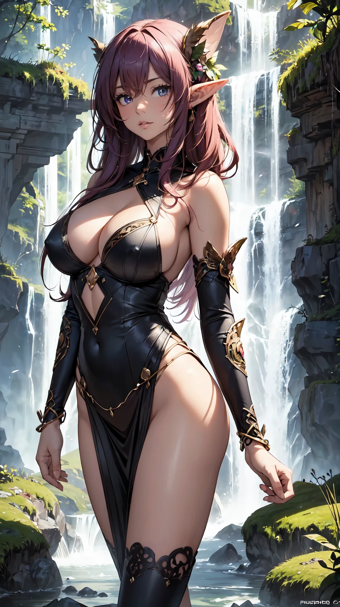 ( Absurd, High quality, Ultra-detailed, Masterpiece, concept-art, smooth, high detail artwork, Hyper-realistic painting ) , elf, Plum elf, plum , Transparent fairy wings, huge tit，low chest，fairytale-like, Romantic, Vivid, Whole body,hand behind back，Malu，largeeyes，（Eye focus），Cosmic eyes，Space eyes，In nature with waterfalls，PureErosFace_V1，Urzang-6500-V1 version.1, detailed eyes, detailed face, detailed handskeh