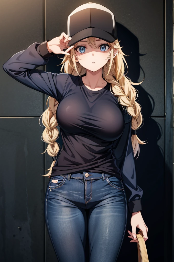 woman with baseball cap, black jacket and top that barely covers  and bottom with jeans, 1girl, solo, hat, blue eyes, breasts, blonde hair, shirt, baseball cap, jacket, twin braids, braid, looking at viewer, large breasts, long hair, black headwear, white shirt