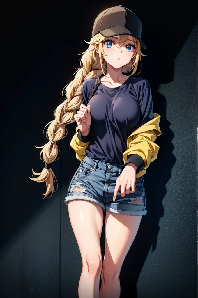 a girl in blue shirt standing in black background wearing baseball cap and jeans holding out her hand, 1girl, solo, hat, blue eyes, twin braids, blonde hair, shorts, braid, breasts, shirt, looking at viewer, long hair, jacket, baseball cap, black headwear, shirt tucked in, white shirt