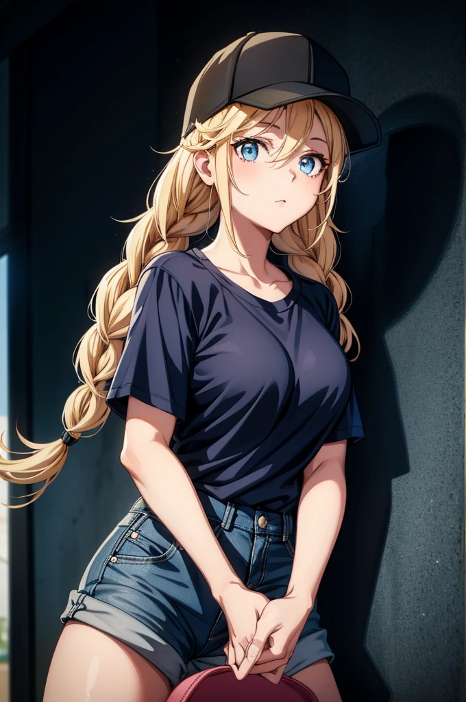 a girl in blue shirt standing in black background wearing baseball cap and jeans holding out her hand, 1girl, solo, hat, blue eyes, twin braids, blonde hair, shorts, braid, breasts, shirt, looking at viewer, long hair, jacket, baseball cap, black headwear, shirt tucked in, white shirt
