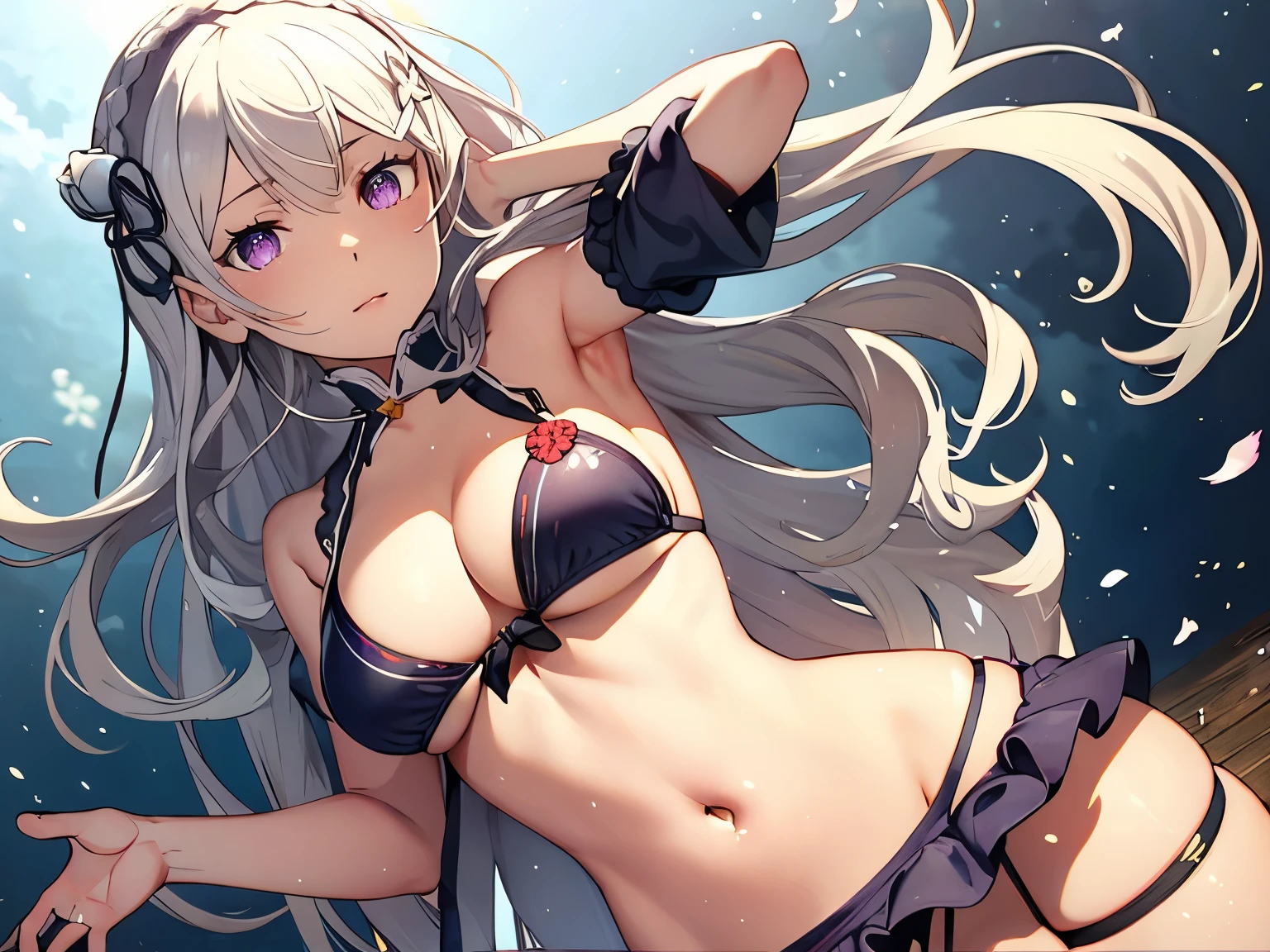 Emilia re:zero, purple eyes, Emilia, crown braid, x hair ornament, flower hair ornament, white hair, long hair, medium breasts, Bikini, microskirt,