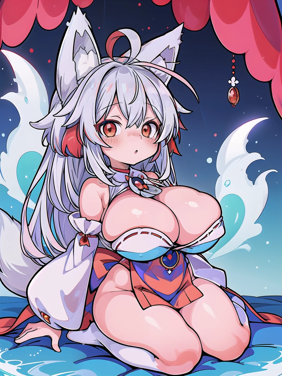 (kemonomimi fox girl:1.2), (silver hair red ears blue costume:1.2), (huge breasts), (pixiv masterpiece:1.2), (ahoge:1.3), (japanese priestess miko clothing:1.0)