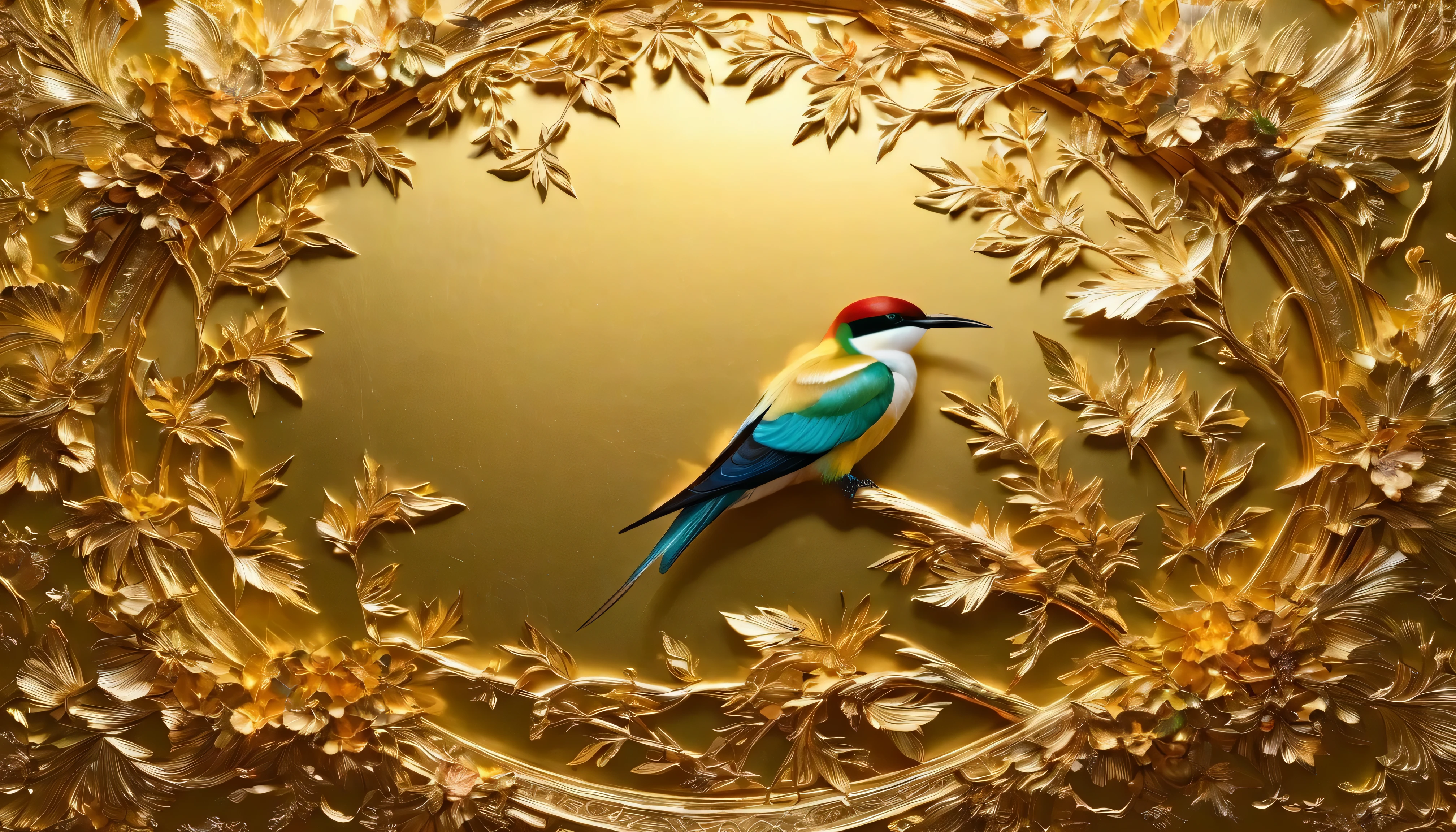 Print (gold leaf) floral wall art, Japanese decoration, vintage decoration, golden wall decoration : sumptuous European bee-eater in gold leaf, light shimmers on gold leaf cut, Colors are bright and vibrant, The overall image quality is of the highest quality, with every detail of gold leaf captured with ultra-detailed precision, The lighting is soft and diffuse, projecting a warm and welcoming glow across the stage. Reflects the beauty and magic of gold leaf art.. High quality, HDR, 16k, Ultra-detailed.gh quality, HDR, 16k, Ultra-detailed.
