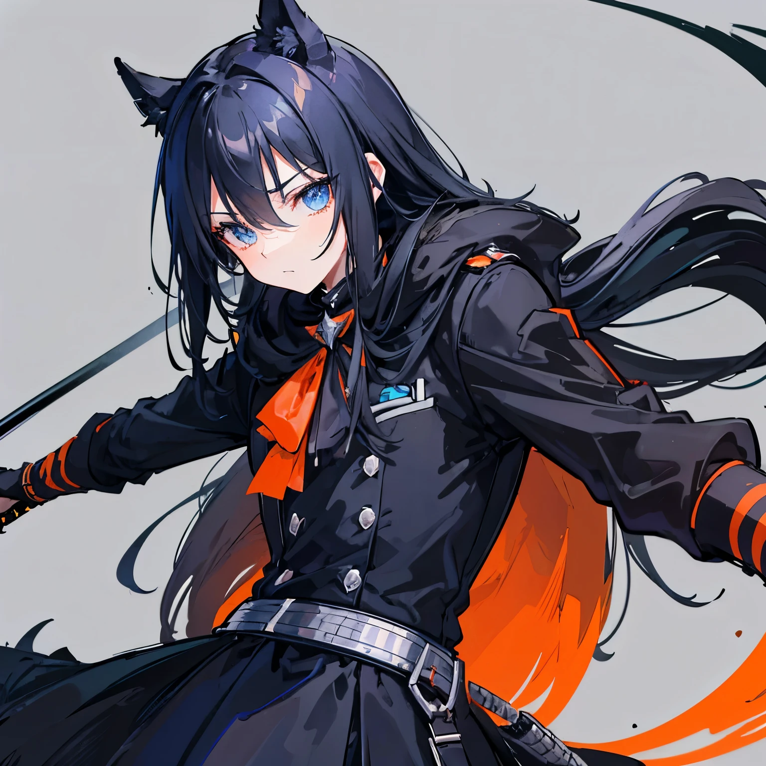 Un gars avec des cheveux long noir en queue de cheval est des yeux noir est beaucoup de cicatrices est un katana est une veste noir avec des taches orange est dans démon slayer