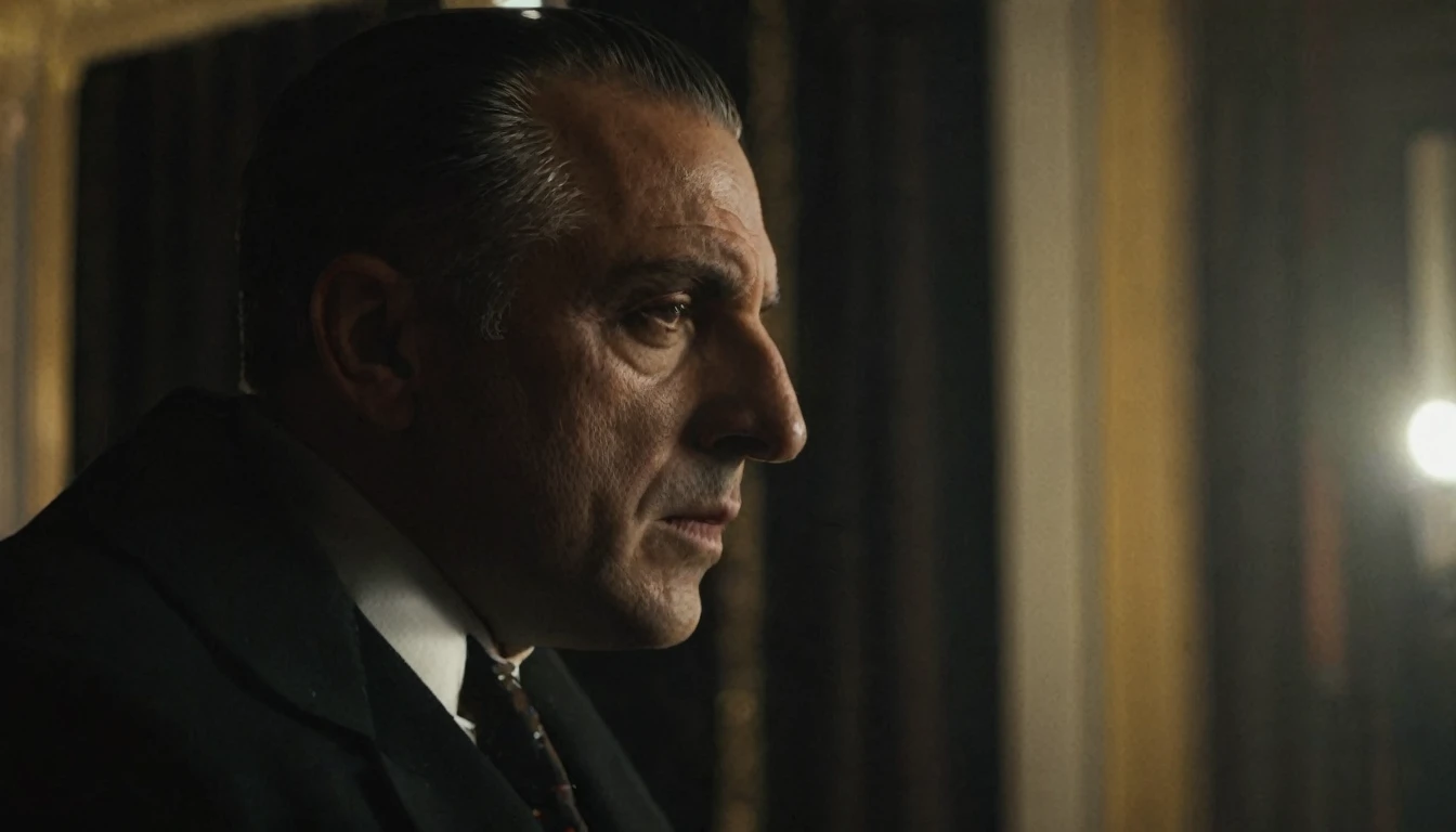 A scene from a movie of a mafia man, in profile, scene in a room, heavy curtains on the windows. Movie Scene, Cinematic, 4K, Cool Lights, High Quality 