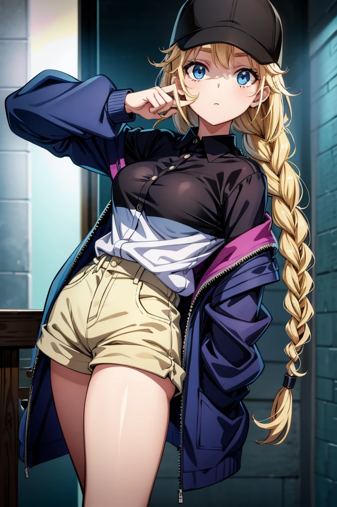 a real-life anime girl with short hair and an oversized baseball cap holding up a finger, 1girl, solo, shirt, breasts, hat, blue eyes, twin braids, shorts, jacket, pantyhose, large breasts, braid, blonde hair, baseball cap, white shirt, looking at viewer, black headwear, black shorts, long sleeves, collared shirt, shirt tucked in, long hair, off shoulder