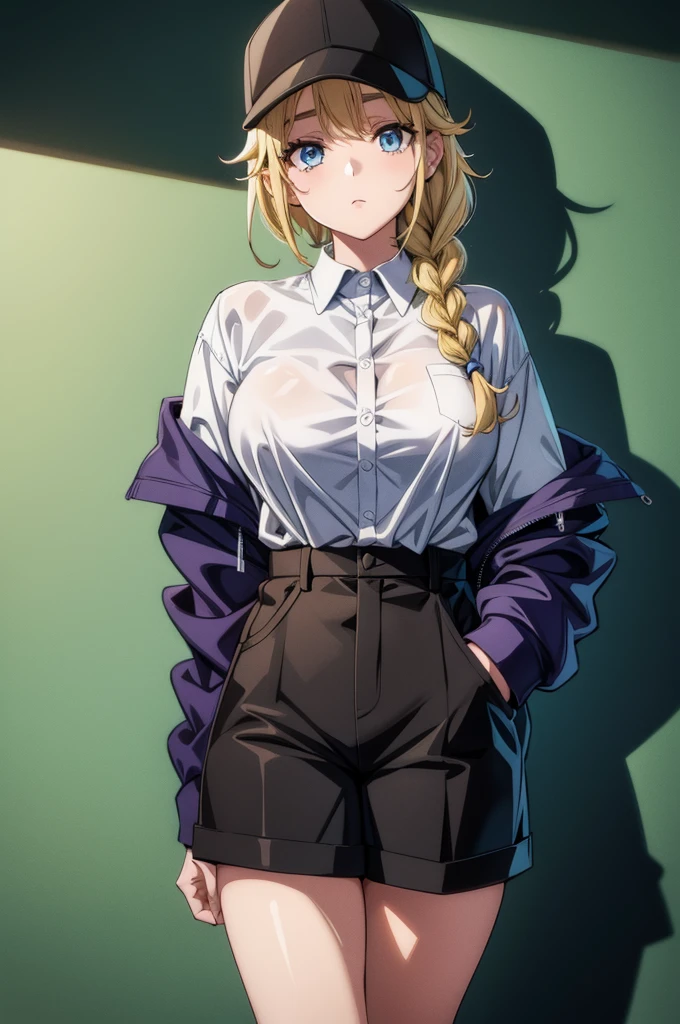 a real-life anime girl with short hair and an oversized baseball cap holding up a finger, 1girl, solo, shirt, breasts, hat, blue eyes, twin braids, shorts, jacket, pantyhose, large breasts, braid, blonde hair, baseball cap, white shirt, looking at viewer, black headwear, black shorts, long sleeves, collared shirt, shirt tucked in, long hair, off shoulder