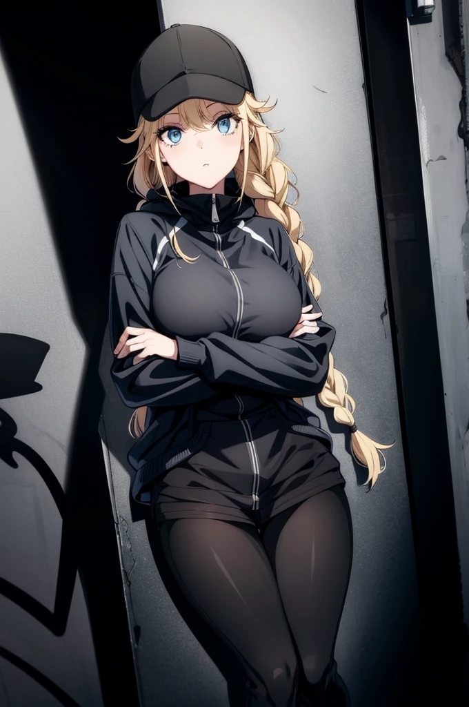 (((grayscale)))(masterpiece:1.2, best quality), (graffiti wall:1.15), 1lady, beanie, jacket, Leggings, blue eyes, fullbody,a cartoon woman with blonde hair posing in a pose with her left arm behind her back, 1girl, braid, solo, blonde hair, hat, long hair, baseball cap, crossed arms, looking at viewer, breasts, black pants, thigh gap, long sleeves, large breasts, twin braids, black headwear, blue eyes, bangs, pants