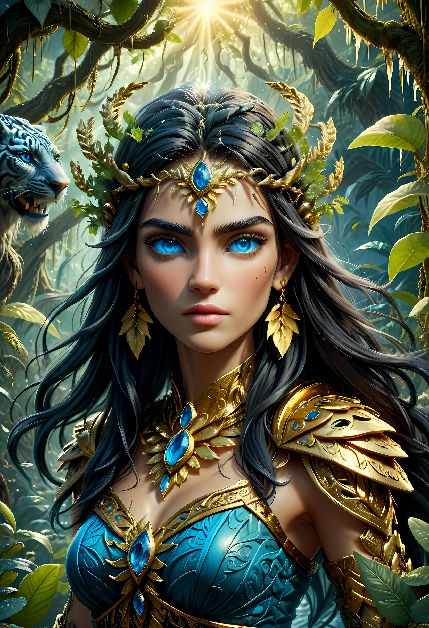 high details, best quality, 16k, [ultra detailed], masterpiece, best quality, (extremely detailed), dynamic angle, ultra wide shot, RAW, photorealistic, fantasy art, realistic art, a female druid (intricate details, Masterpiece, best quality: 1.5) in a jungle, a female wearing gold leaf clothes intricate details, Masterpiece, best quality: 1.4), leather boots, thick hair, long hair, black hair, intense (blue: 1.3) eyes, vibrant jungle (intense details), plenty of plant life, vines coming from trees, many jungle trees (1.3 intricate details, Masterpiece, best quality), vines, a river flowing, sun light, golden light. dynamic angle, (intricate details, Masterpiece, best quality: 1.5) , 2.5 rendering, high details, best quality, highres, ultra wide angle