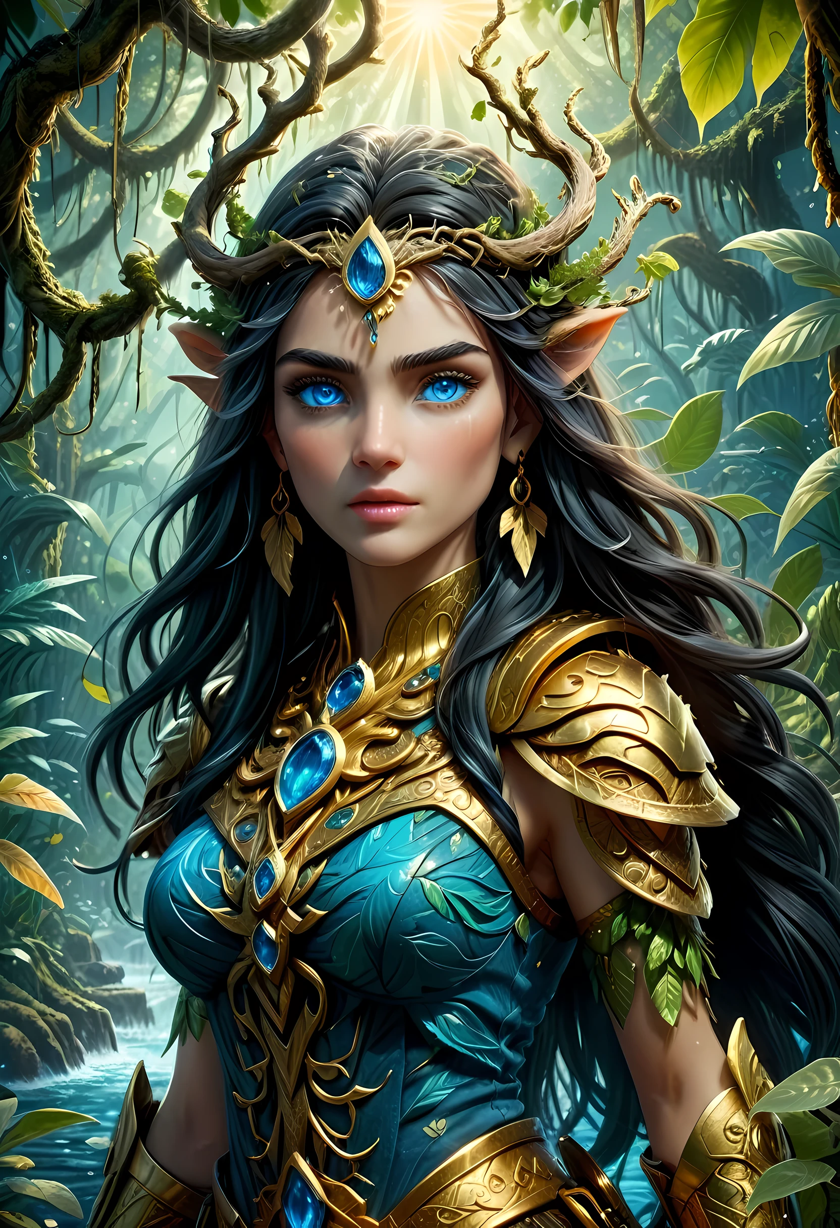 high details, best quality, 16k, [ultra detailed], masterpiece, best quality, (extremely detailed), dynamic angle, ultra wide shot, RAW, photorealistic, fantasy art, realistic art, a female druid (intricate details, Masterpiece, best quality: 1.5) in a jungle, a female wearing gold leaf clothes intricate details, Masterpiece, best quality: 1.4), leather boots, thick hair, long hair, black hair, intense (blue: 1.3) eyes, vibrant jungle (intense details), plenty of plant life, vines coming from trees, many jungle trees (1.3 intricate details, Masterpiece, best quality), vines, a river flowing, sun light, golden light. dynamic angle, (intricate details, Masterpiece, best quality: 1.5) , 2.5 rendering, high details, best quality, highres, ultra wide angle