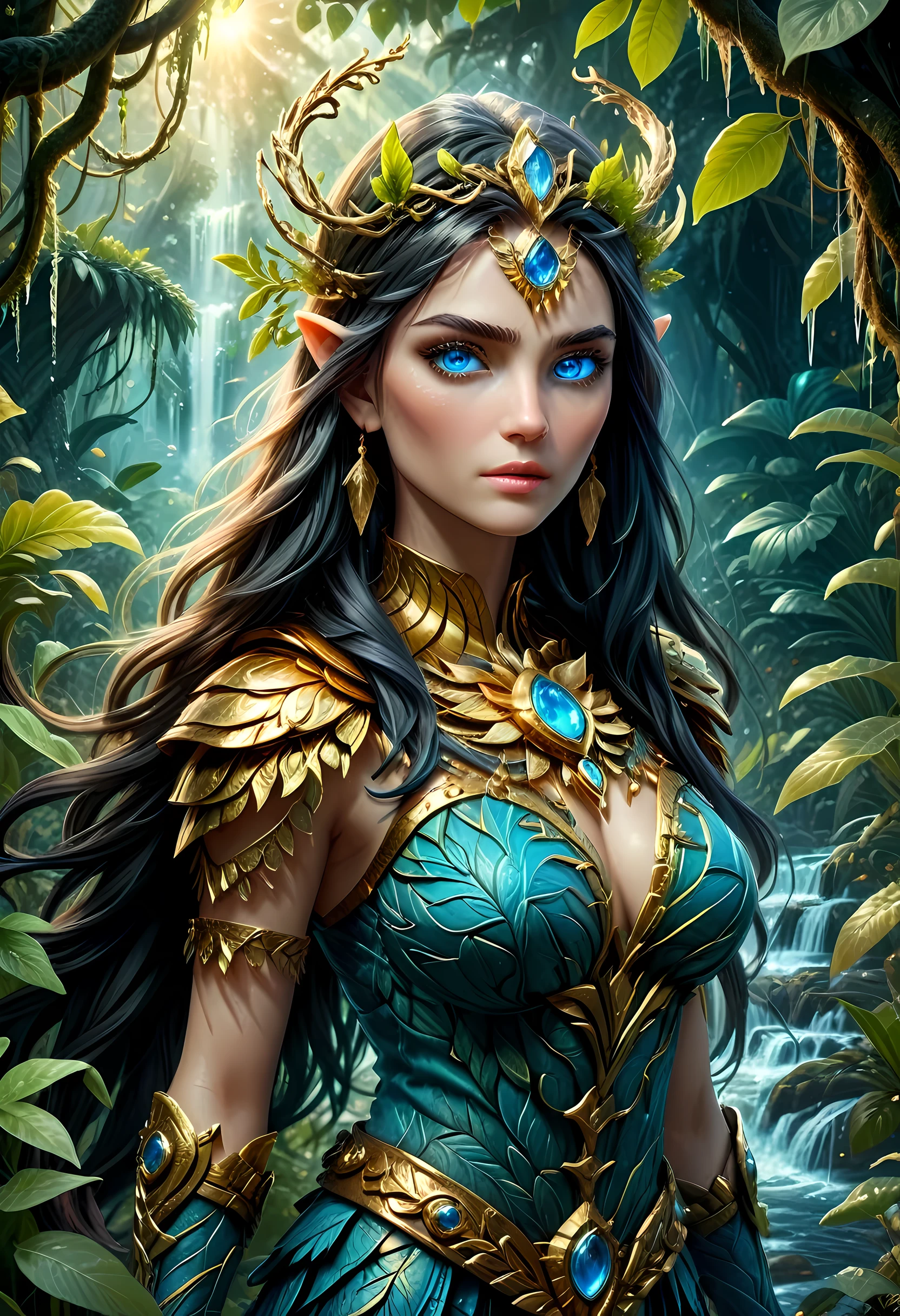 high details, best quality, 16k, [ultra detailed], masterpiece, best quality, (extremely detailed), dynamic angle, ultra wide shot, RAW, photorealistic, fantasy art, realistic art, a female druid (intricate details, Masterpiece, best quality: 1.5) in a jungle, a female wearing gold leaf clothes intricate details, Masterpiece, best quality: 1.4), leather boots, thick hair, long hair, black hair, intense (blue: 1.3) eyes, vibrant jungle (intense details), plenty of plant life, vines coming from trees, many jungle trees (1.3 intricate details, Masterpiece, best quality), vines, a river flowing, sun light, golden light. dynamic angle, (intricate details, Masterpiece, best quality: 1.5) , 2.5 rendering, high details, best quality, highres, ultra wide angle
