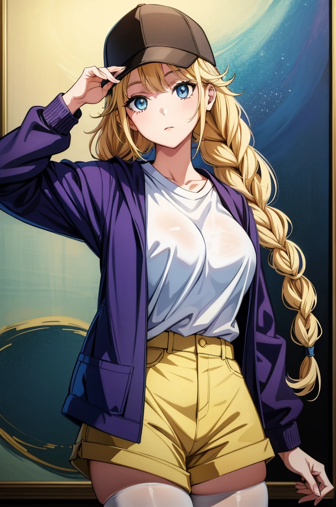 a close up of a anime styled female person, with her head shaved in half and on the side, 1girl, solo, hat, blue eyes, sitting, jacket, blonde hair, braid, breasts, twin braids, pantyhose, thighband pantyhose, open jacket, looking at viewer, open clothes, baseball cap, black headwear, long hair, long sleeves, cleavage, collarbone
