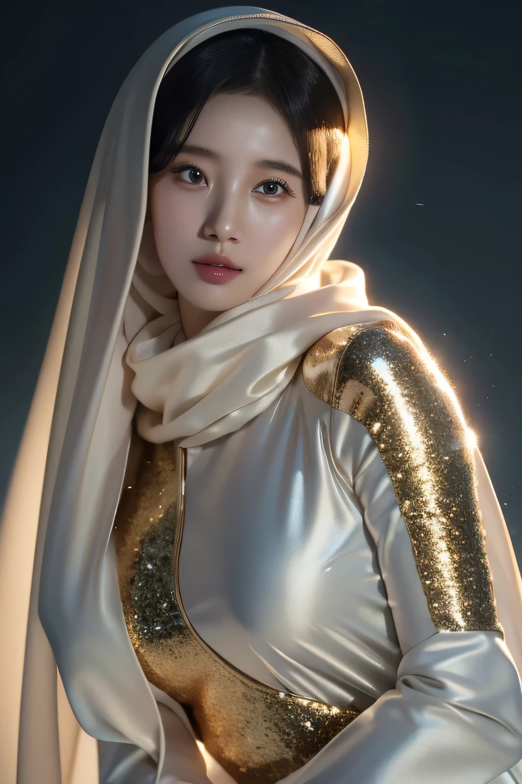 8k, masterpiece, RAW photo, best quality, photorealistic, extremely detailed CG unity 8k wallpaper, Depth of field, Cinematic Light, Lens Flare, Ray tracing, (extremely beautiful face, beautiful lips, beautiful eyes), intricate detail face, ((ultra detailed skin)), best quality, Masterpieces, Super high resolution, (photograph realistic:1.5), Original image, luxury long dress, 1girl muslim, satin abaya, satin, hijab face portrait, neutral background, 8k uhd, dslr, soft lighting, high quality, film grain, Fujifilm XT3, covered dress, decent dress, big tits:1.5,cheerful facial expression.