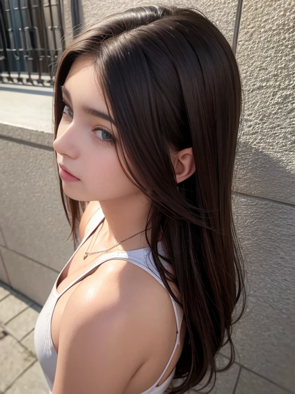 hermosa mujer joven, Hermosos pechos redondos,Brown leather,Busto al frente,hermoso cofre vuelto hacia arriba,pechos grandes cintura delgada,cabello corto,cortes bob,17 year old girl,